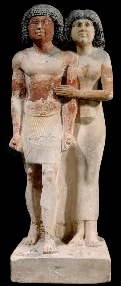 Egyptiläinen antiikki: Raherkan ja Meresankhin pariskunnan kalkkikivipatsas. 5. dynastia. Vanha valtakunta (noin 2700-2200 eKr.). Aurinko 0,52x0,21 m Pariisi, musee du Louvre tekijältä School Egyptian