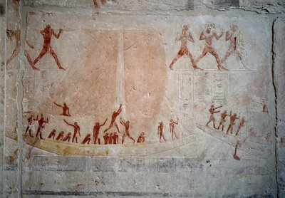 Egyptiläinen antiikki: purjevene. Kalkkikivireljeef Akhethetep Mastaban kappelista Saqqarassa. 5. dynastia (noin 2500-2350 eKr.) 2300 eaa. Pariisi, Louvre-museo tekijältä School Egyptian