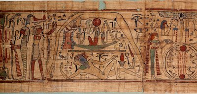 Egyptiläinen antiikin allegoria kosmoksesta: Neskapashoutyn mytologinen papyrus, kosmogoniaa edustavien jyvien kirjanpitäjä, Geb, Nout, Nephtys, Osiris. 1070-664 eaa. 21. dynastia. Aurinko 2,7x0,27 m Pariisi, musee du Louvre tekijältä School Egyptian