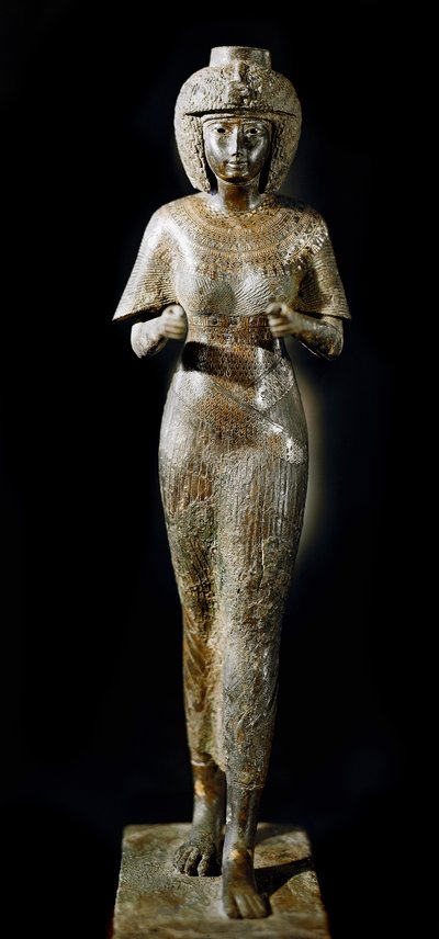 Egyptiläinen antiikki: farao Takelot II:n vaimon kuningatar Karomaman pronssinen patsas. 21. dynastia. Pariisi, Louvre-museo tekijältä School Egyptian