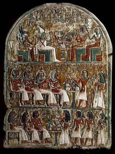 Egyptiläinen antiikki: Iryneferin steele, päällä jumalat Osiris ja Anubis vastakkain Amenophis I:tä ja Ahmes Nefertaria vastaan; Iryneferin keskustassa hänen vaimonsa Mehytkhaty ja heidän tyttärensä Hathor tekevät hautajaisuhrin vanhemmilleen, Hathorin ala tekijältä School Egyptian