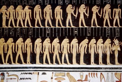 Luxor, Thebes: Kuninkaiden laakso, piirros jumalasta ja jumalattaresta temppelin sisäseinällä. tekijältä School Egyptian