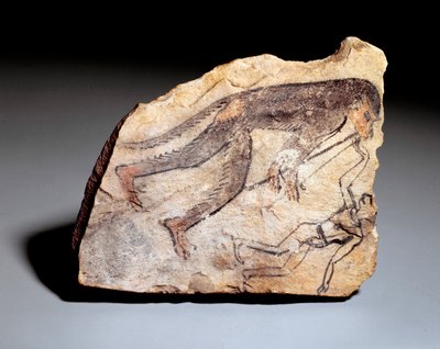 Ostrakon-hahmo: apina soittaa kaksoishuilua (aulos) saadakseen miehen tanssimaan. Deir el-Medinehin paikalta (kalkkikivi, noin 1295-1186) tekijältä School Egyptian