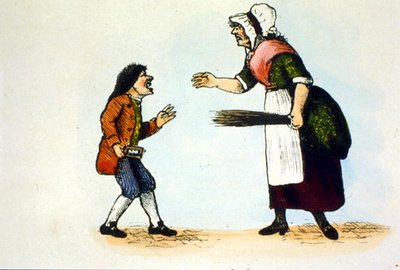 Lasta kuritetaan Damen koulussa, kuva torvikirjan historiasta (värilitho) tekijältä School English