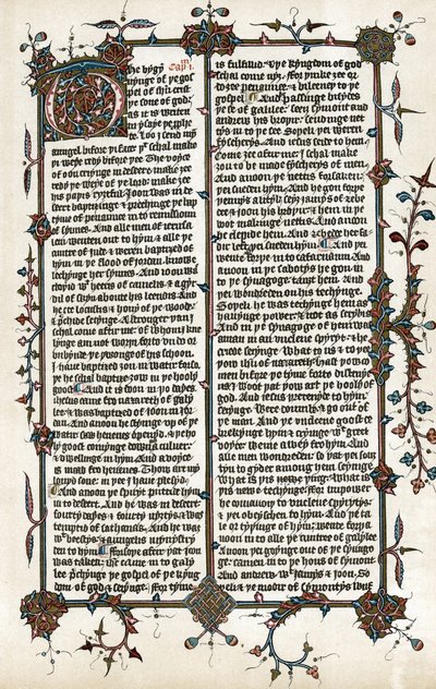 Kopio sivusta Markuksen evankeliumista, Wycliffen raamatunkäännöksestä englanniksi noin vuonna 1400 (painettu). tekijältä School English