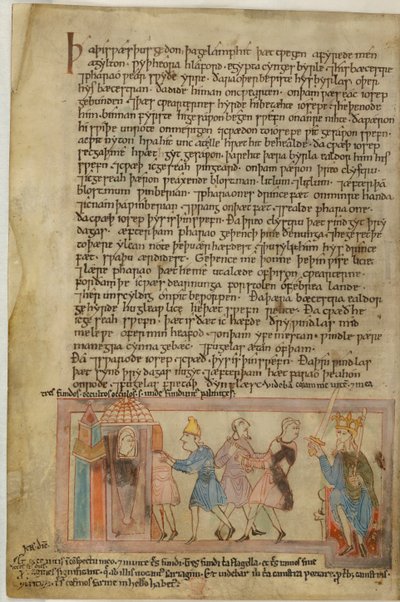 Cotton Claudius B. IV, f.58v Kohtaus anglosaksisesta oikeudesta, kuva (vellum) tekijältä School English