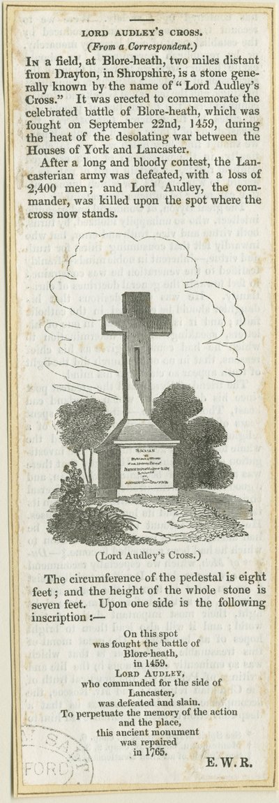 Drayton-in-Hales - "Audley Cross on Blore Heath": puupiirros ja [?1800-luku] (painettu) tekijältä School English