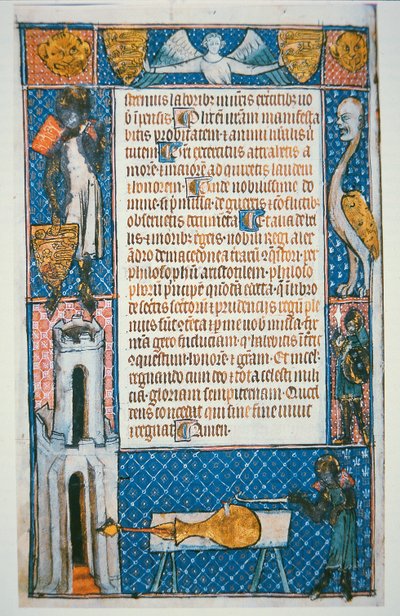 Faksimile vanhimmasta päivätystä asekuvasta, folio Walter de Milemeten teoksesta "De Notabilitatibus, Sapientiis et Prudentiis Regum" tekijältä School English