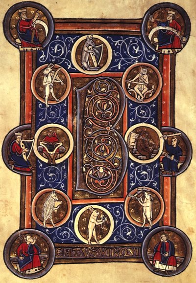 Lansdowne 420 fol.12v Psalmi I asutulla alkukirjaimella "B" (vellum) tekijältä School English
