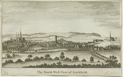 Lichfield - Lounaisnäkymä: kuparilevykaiverrus, nd [1700-luvun loppu] (painettu) tekijältä School English