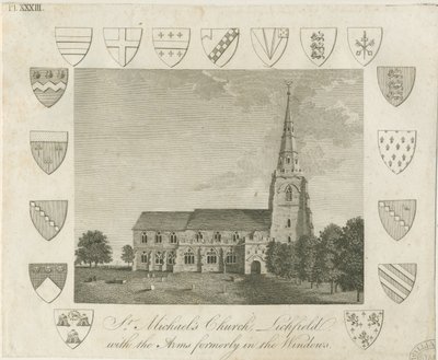 Lichfield - Pyhän Mikaelin kirkko: kaiverrus ja [?1700-luvun loppu] (painettu) tekijältä School English