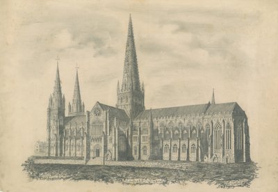 Lichfieldin katedraali - Kaakkoisnäkymä: kaiverrus ja [?1800-luku] (tulostus) tekijältä School English