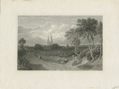 aLichfield Cathedral - West View (kaukainen): kaiverrus ja [?1700-luku] (painettu) tekijältä School English