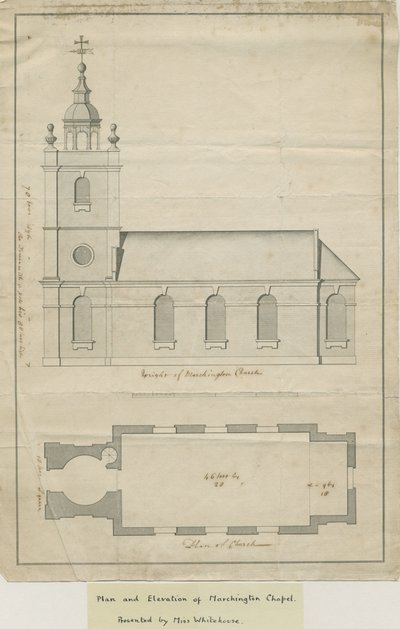 Marchington Church - Ulkokorkeus ja sisäsuunnitelma: kynäpiirros, nd [?1700-luvun puoliväli] (piirustus) tekijältä School English