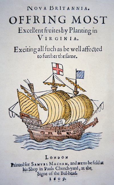 Pamfletti, joka kannustaa siirtolaisia menemään Virginiaan Amerikkaan, julkaistu vuonna 1609 (värilitho) tekijältä School English