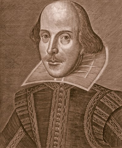 Muotokuva William Shakespearesta, kaiverrettu Martin Droeshout (n. 1560-n. 1642) tekijältä School English