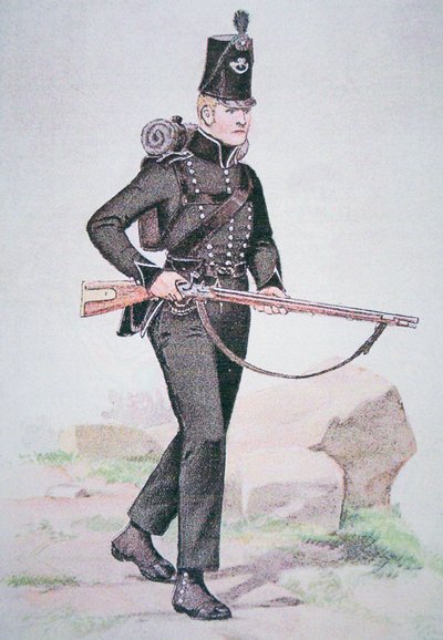 95. kiväärien sotamies, n. 1810, aseistettu Baker Rifle -kiväärillä, jonka on suunnitellut Ezekiel Baker of London (värilitho) tekijältä School English
