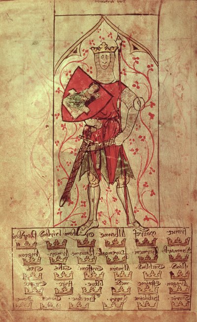 Roy 20 A II f.4r Kuningas Arthur ja kolmekymmentä kuningaskuntaa kirjoitettu Edward II:n hallituskaudella (1248-1327) tekijältä School English