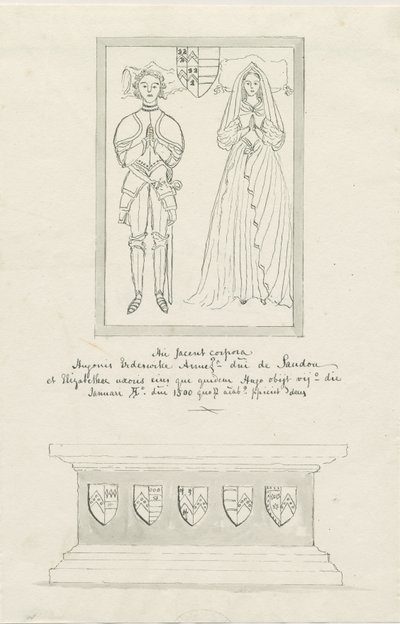 Sandon Church - Hugh Erdeswicken ja Elizabethin [Harcourt] hauta: kynä- ja pesupiirustus, nd [?18th century] (piirustus) tekijältä School English