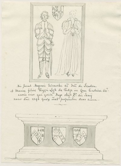 Sandon Church - Hugh Erdeswickin ja Maryn [Legh] hauta: kynä- ja pesupiirustus, nd [?18th century] (piirustus) tekijältä School English