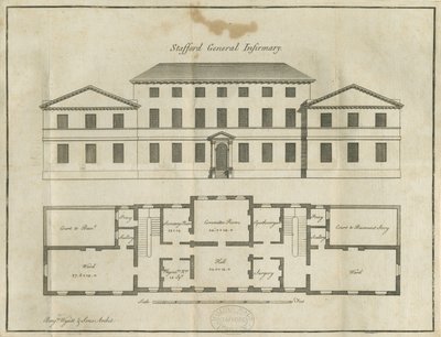 Stafford - County General Infirmary: kynäpiirros, nd [1700-luvun lopulla] (piirustus) tekijältä School English