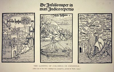 Kolumbuksen laskeutuminen Espaniolaan Baselissa vuonna 1494 julkaistun nykypäivän pamfletin jälkeen (litho) tekijältä School English
