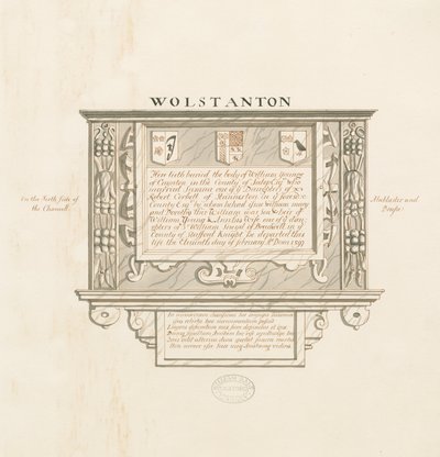 Wolstantonin kirkko - Cayntonin William Yongen seinämonumentti: kynä- ja pesupiirustus, nd [?1800-luku] (piirustus) tekijältä School English