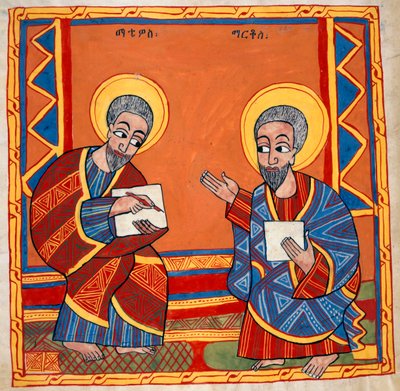 Tai. 481, f.125v Kuva Pyhästä Luukasta ja Pyhästä Johannes evankelistoista, teoksesta "Octateuch, Four Gospels and Synodicion" (pergamentti) tekijältä School Ethiopian