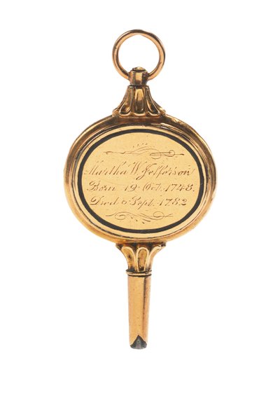 Memento mori -kaiverrettu kelloavain, jossa on Martha Wayles Jeffersonin hiuslukko, ranska tai englanti, 1700-luvun loppu - 1800-luvun alku (kulta) (katso myös 711002) tekijältä School European