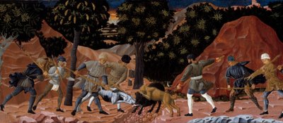 Villisian metsästyskohtaus. Yksityiskohta. Nimetön maalaus Firenzen koulusta. 1450-1460. Toulouse, Musee des Augustins tekijältä School Florentine