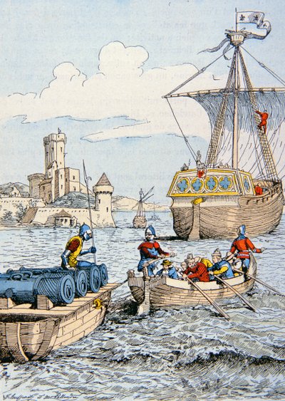 Kaarle VIII:n tutkimusmatka Italiaan vuonna 1494 (värilitho) tekijältä School French