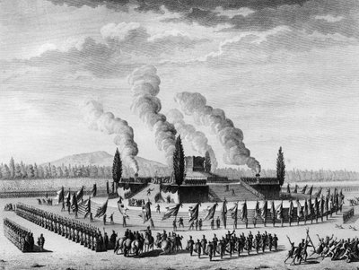 Ranskan vallankumous: Funebres Nancyssa syyskuussa 1790 kuolleiden kansalaisten kunniaksi. Pariisi, Vallankumouksen historian instituutin kirjasto tekijältä School French