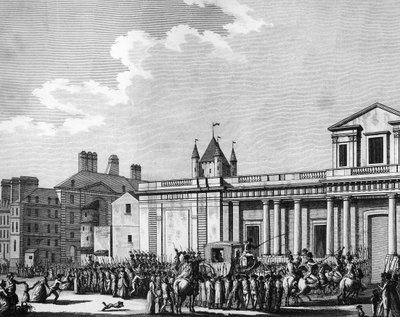 Revolução Francesa: Transferência da família real (Luís XVI, Maria Antonieta, o golfinho Louis Charles de France ou Luís XVII e Maria Teresa conhecida como “Madame Royale”) para a prisão do Templo em Paris em 13 de agosto finlandês tekijältä School French