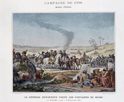 Kenraali Bonaparte vierailee Mooseksen suihkulähteillä - elokuvassa "Ranskan armeijoiden voitot ja valloitukset", Paris, n.d (kaiverrus) tekijältä School French