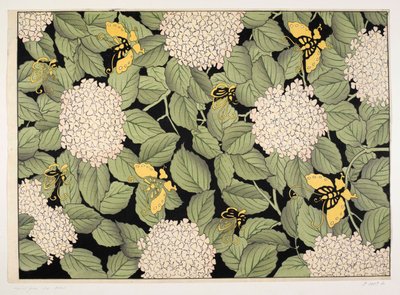 Japanilainen kukkakuvio, kuvitus "Olga Hirsch -kokoelmasta koristeltuja papereita" (värillinen puupainatus) tekijältä School French