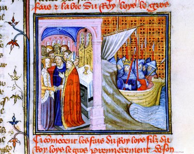 Akvitanian Eleanorin ja Ranskan Ludvig VII:n avioliitto (1137) vasemmalla ja lähteminen toiselle ristiretkelle 1147-1149, "Chronique de St Denis" -kirjasta (pergamentti). tekijältä School French