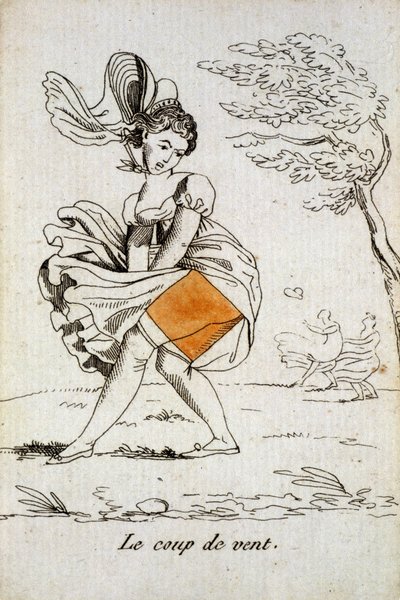 Vanha kortti pelattavaksi: timanttiässä - "" Tuulenpuuska"" nostaa naisen hameta. Musée de la Carte à Joucher, Issy-les-Moulineaux. tekijältä School French
