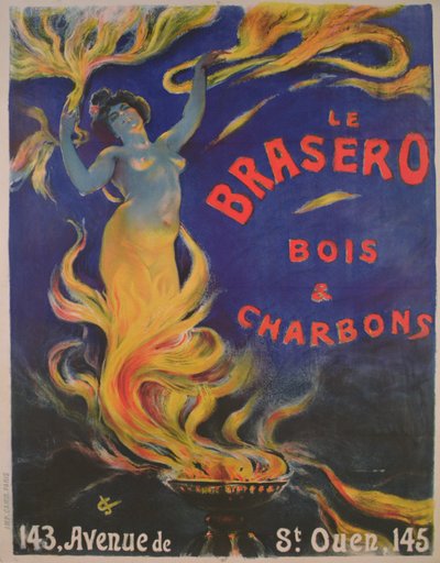 Le Brasero -puuta ja hiiltä mainostava juliste (värilitho) tekijältä School French