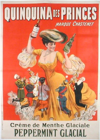 Juliste, jolla mainostetaan ranskalaista creme de mentheä "Quinquina des Princes" (värilitro). tekijältä School French