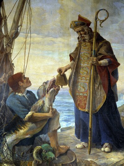 St Pol de Leon saa kalan mukana Batzin saarella kellon, jonka kuningas Mark oli kieltänyt häneltä Ouessantissa, v. 530 - maalaus Morlaixin kirkosta tekijältä School French