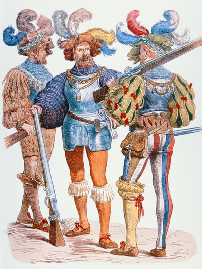 1500-luvun saksalaisia sotilaita tulitikkumusketeilla (värikaiverrus) tekijältä School German