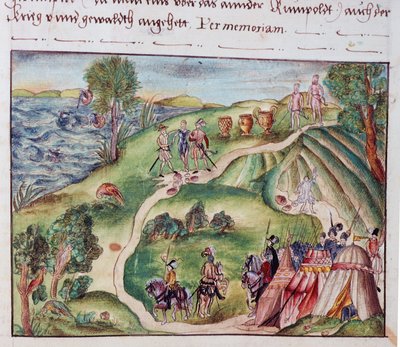 MS Add.15217 fol.40 Venezuelan maisema espanjalaisleirillä, Nürnbergin Coelerin perheen muistelmakokoelmasta tekijältä School German