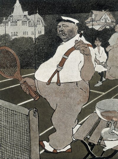 Tennis: lihava mies, tupakoi ja juo alkoholia, pelaa tennistä - saksalainen sarjakuva tekijältä School German