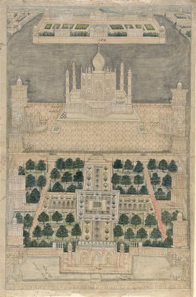 Lintuperspektiivistä Taj Mahalia Agrassa (kynä ja muste vesivärillä paperille) tekijältä School Indian