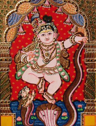 Kohokuvio Lord Bal Krishna Tanjore maalaus tekijältä School Indian