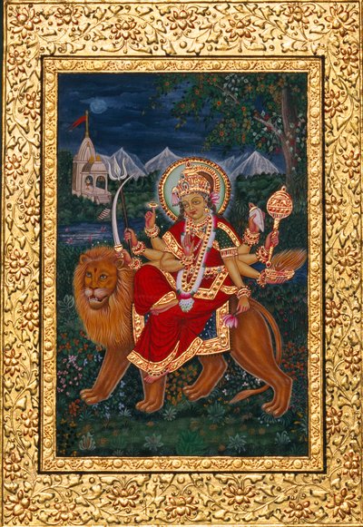 Jumalatar Durga miniatyyri maalaus kultainen runko tekijältä School Indian