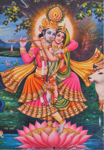 Krishna ja Radha (värilitografia) tekijältä School Indian