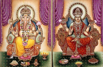 Lord Ganesh Ganpati jumalatar ja Lakshmi miniatyyri maalaus Ivory tekijältä School Indian