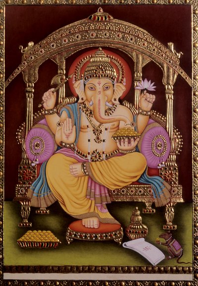 Lord Ganesh Ganpati miniatyyri maalaus paperille kultainen kohokuvioinnilla tekijältä School Indian