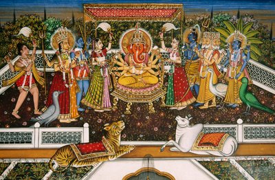 Lord Ganesh Ganpati Brahman, Vishnun, Shivan, Durgan kanssa, miniatyyrimaalaus paperille tekijältä School Indian